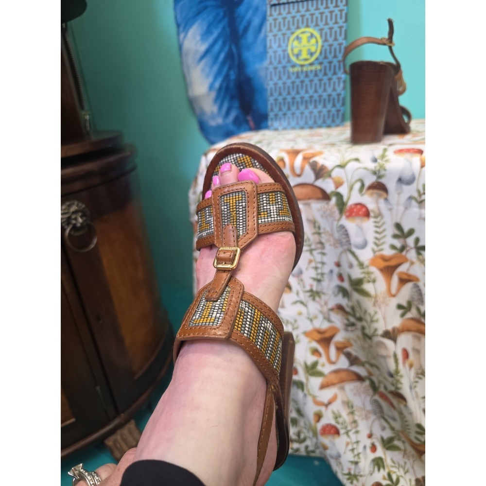 Tory Burch Florian Aztec Block Heel Sandals Tan Leather Ankle Strap Women 9 M - Picture 11 of 13